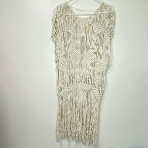 Zara Basic Macrame Fringe Dress Cream Boho Festival Coverup Size Medium